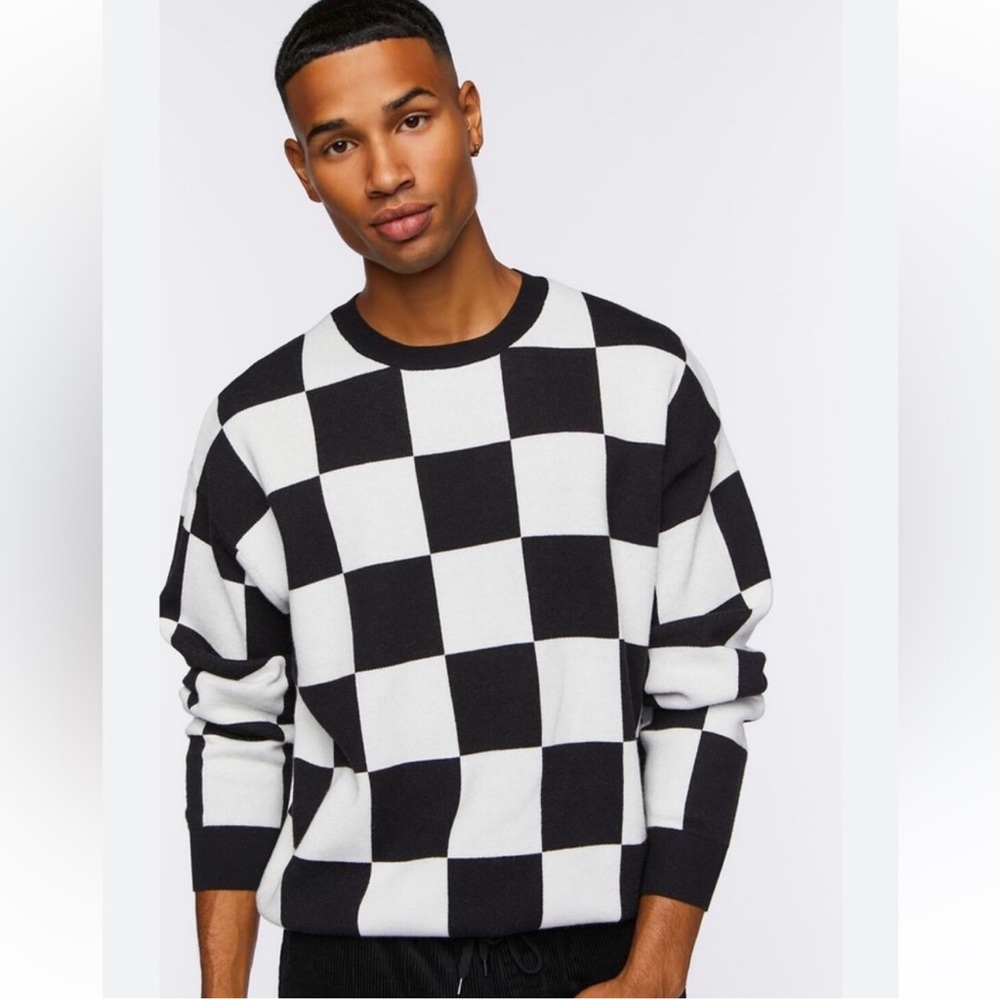 Checkered Crew Neck Tights Knit‎ Sweater. Black & White Men’s Size XXL (B4) JC